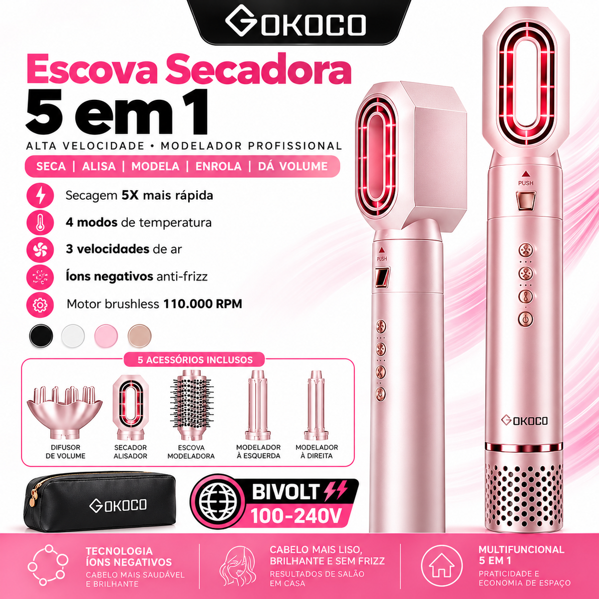 GOKOCO Modelador de Cabelo 5 em 1 Bivolt – Escova Secadora de Alta Velocidade com Íons, Alisador e Modelador