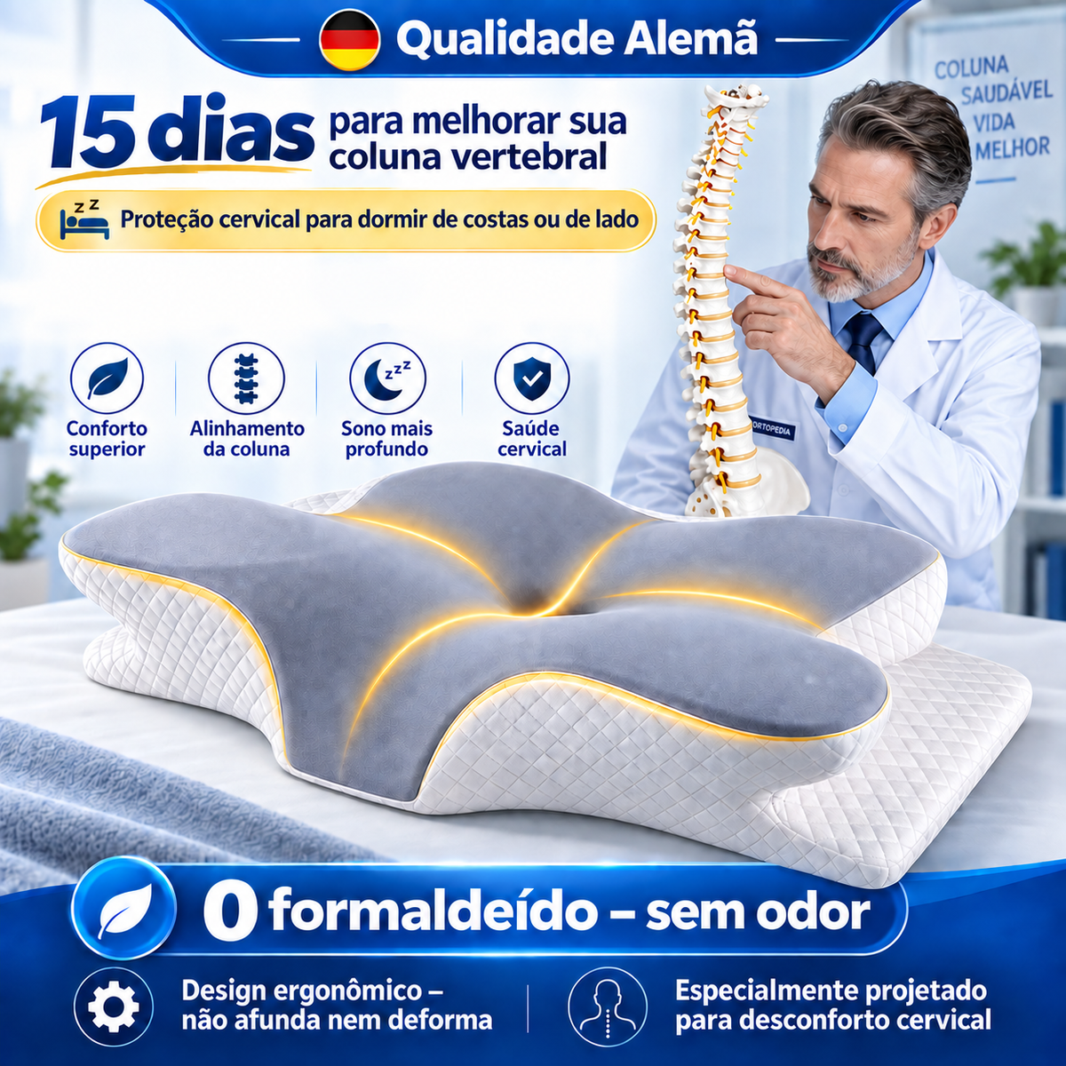 Travesseiro Cervical, Sono Confortável, Espuma de Memória Ergonômica