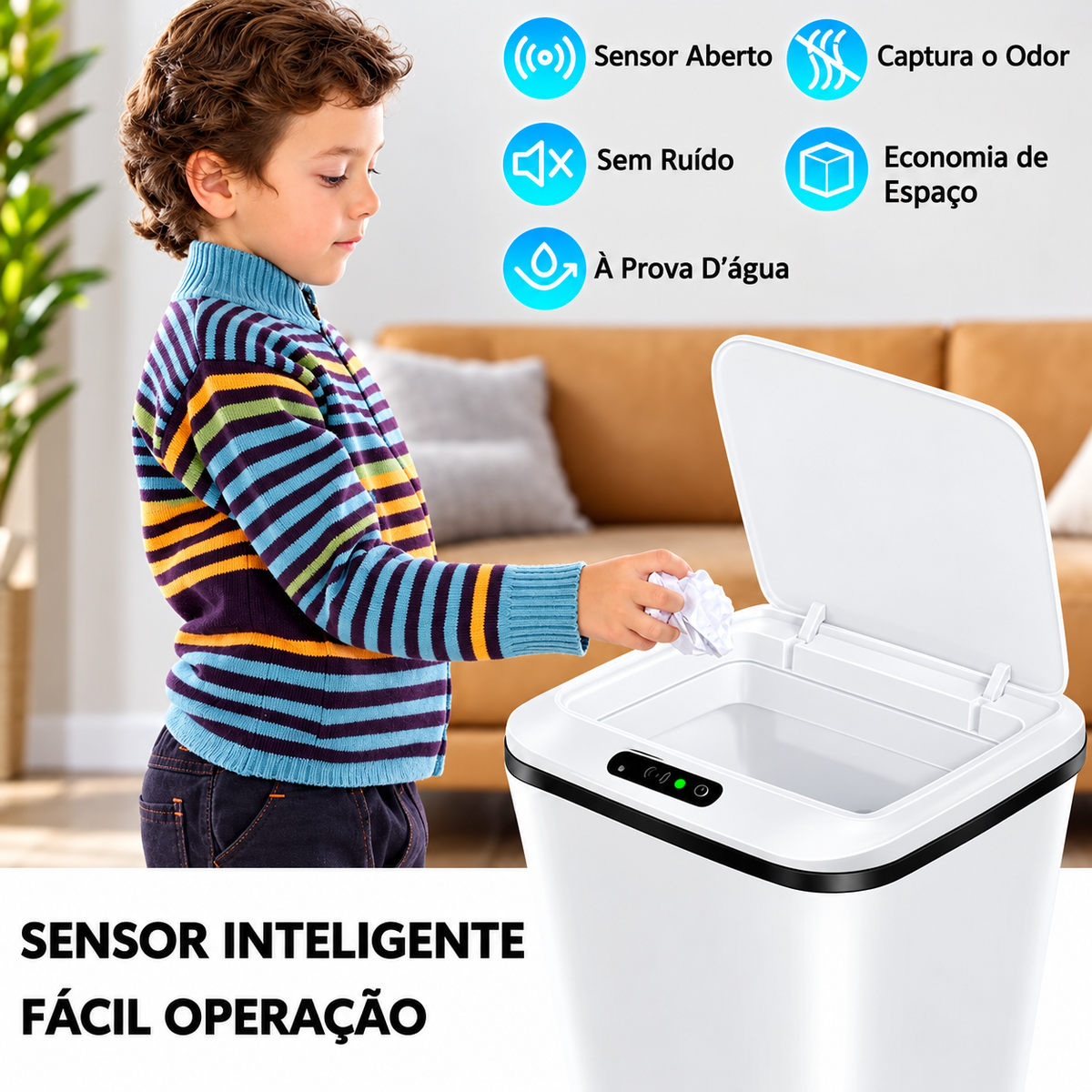 Lixeira com Sensor Automático Inteligente Abre Fácil em Toque Cesto Lixo Casa 16 Litros